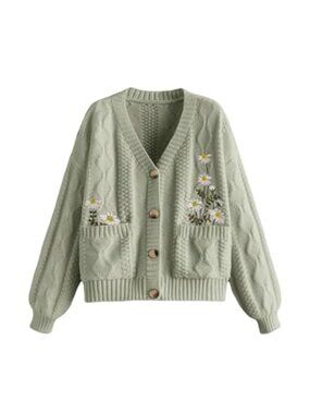 Flower Embroidery Button Down Cardigan Chunky Cable Knit Loose Sweater